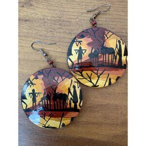 Hand-Painted African Tribal Art Round Earrings Fish Hook Vintage Lightweight